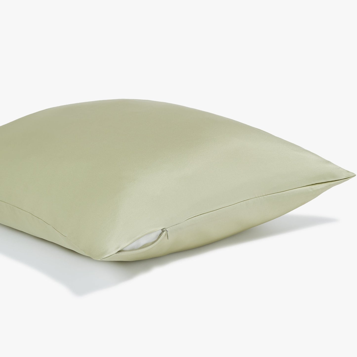 Side view of a olive pillowcase with zipper
