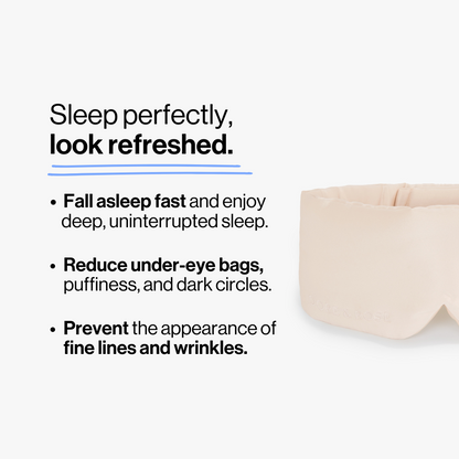 Half photo shot of Dore and Rose Luxury Soft Silk Sleeping Eye Mask in the color champagne with its benefits listed beside it