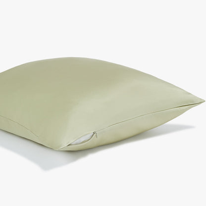 Side view of a olive pillowcase with zipper